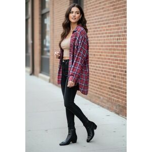 Grunge Plaid Flannel Shirt XL Lace Up Back Tunic Red Indie Boho Oversized
